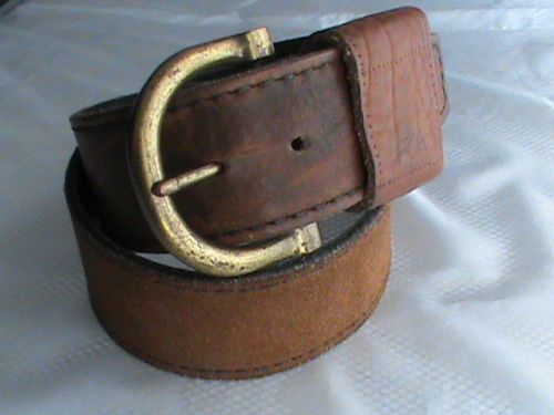 Vintage 2&#034; genuine split leather suede brown belt 30-32 gold buckle 38&#034; strong