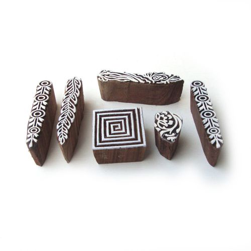 Indian Handcarved Floral and Spiral Designs Wooden Printing Blocks (Set of 6)