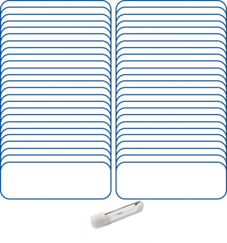 50 BLANK 1 X 3 WHITE / BLUE NAME BADGES 1/4&#034; CORNERS &amp; 50 SAFETY PIN  FASTNERS