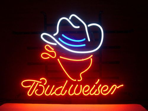 NEW BUDWEISER COWBOY BEER REAL GLASS NEON LIGHT BEER LAGER BAR SIGN 17&#034;x14&#034;