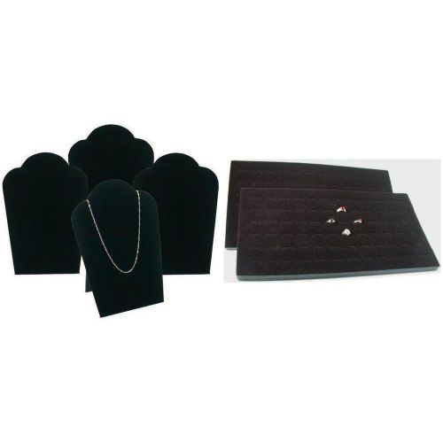 Black Foam Ring Display Tray Inserts &amp; Padded Velvet Necklace Easels Kit 6 Pcs