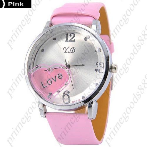 Love Silver Face PU Leather Lady Ladies Analog Quartz Wristwatch Women&#039;s Pink