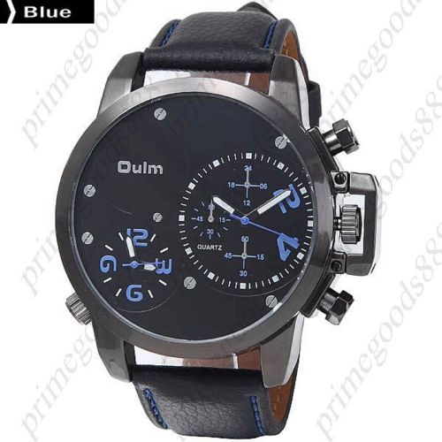 2 Time Zone PU Leather Quartz Wrist Analog Men&#039;s Wristwatch Free Shipping Blue