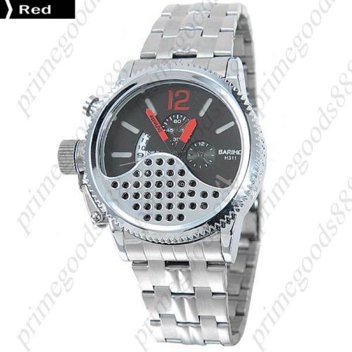 Stainless Steel Band Date Analog Quartz False Sub Dials Men&#039;s Wristwatch Red