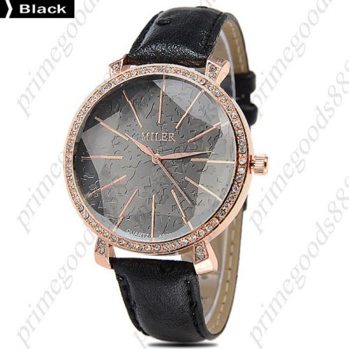Round Rhinestones PU Leather Quartz Wrist Lady Ladies Wristwatch Women&#039;s Black