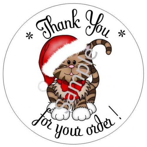CHRISTMAS KITTY CAT IN A RED HAT #8 THANK YOU  - 1&#034; STICKER / SEAL LABELS