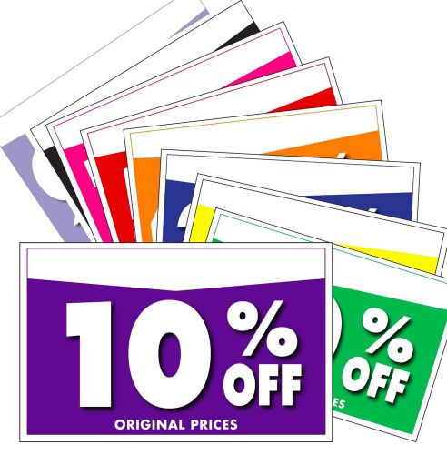 100 ASSORTED RETAIL STORE SALE SIGNS: NEW! SIGNS/PRICING TAGS, 5.5&#034;x3.5&#034;