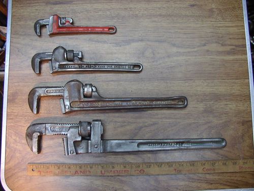 Old used tools,lot of 4 pipe wrenches,ridgid 8&#034;&amp; 10&#034;,toledo 14&#034;,armstrong 18&#034; for sale