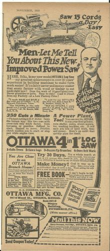Nov.1923 Ottawa Mfg.Co.Ottawa Kansas Ottawa 4 in 1 Log Saw  ad