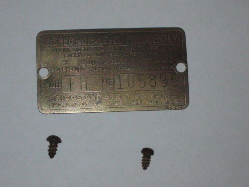 Old antique briggs &amp; stratton gas engine brass serial tag model fh 105895 for sale