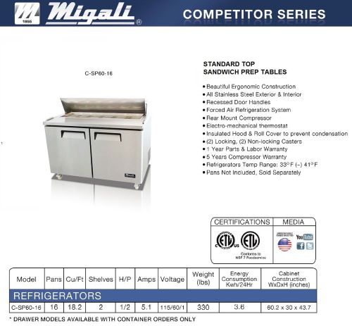 Migali two door 60&#034; sandwich prep table c-sp60-16 - free shipping! for sale