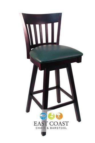 New gladiator walnut vertical back wooden swivel bar stool with green vinyl seat for sale