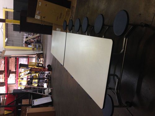 (18 available to sell) cafeteria lunch tables w/ 12 stools.gray top w/ blue seat for sale