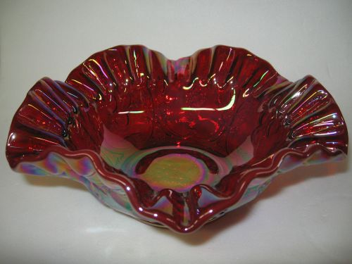 Ruby red Carnival glass bowl iridescent grape and cherry cable candy royal gold