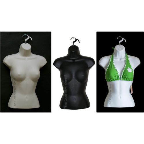 3 Female Torso Mannequin Forms Set - For Small Medium Sizes - White Black Flesh