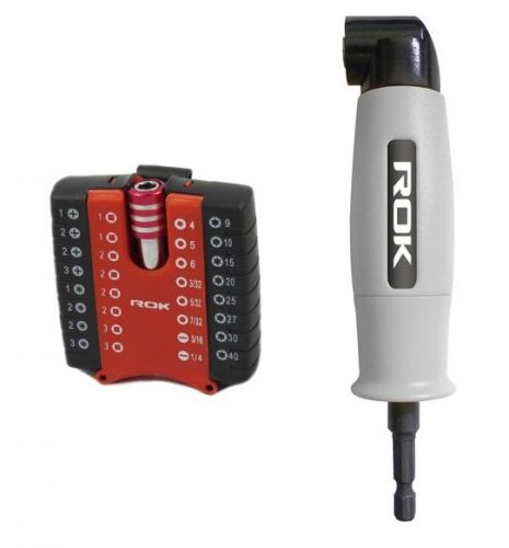 34pc ROK 90° Right Angle Drill Driver Bits &amp; Attachment w/Holder - 1/4&#034; Drive