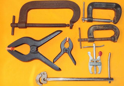 Lot of 7 Assorted Hand Tools Clamps, C clips, Wrench