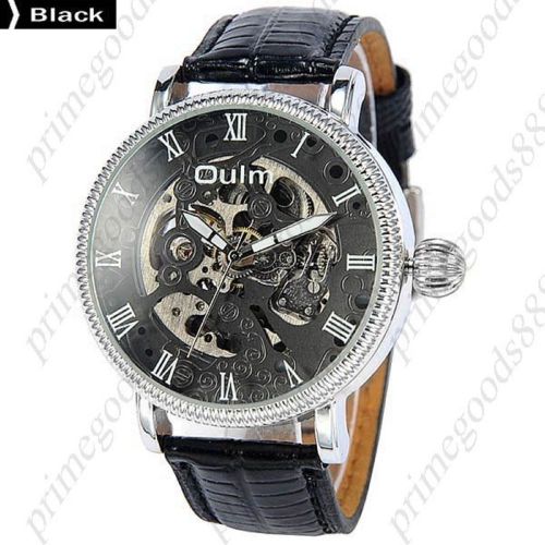 Round PU Leather Strap See Through Auto Mechanical Wrist Men&#039;s Wristwatch Black