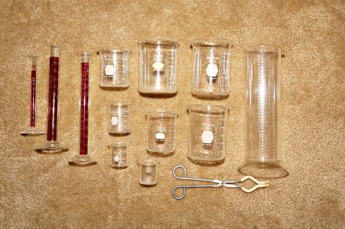 Chemistry lab glassware - beakers,  graduated cylinders, tongs for sale