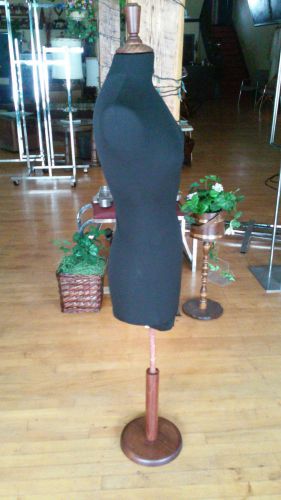 Black Clothed Adult Female Mannequin Dress Form Adjustable on a Wooden Stand