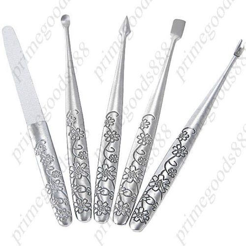 5 in 1 Stainless Steel Nail Care Manicure Set Nail File Flower Pattern Nails