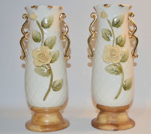 Vintage Set of 2 Flower Vase Lefton Yellow Roses Green Leaves Fairyland Japan