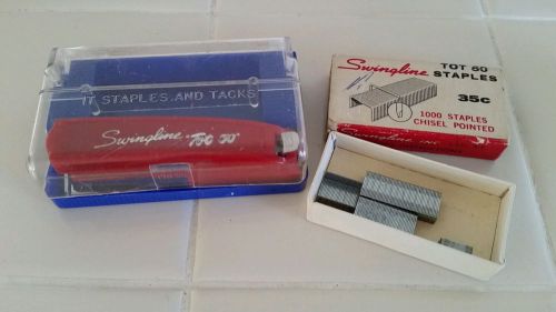 Vtg Red Swingline Tot 50 Stapler, Blue Case, box of  Staples