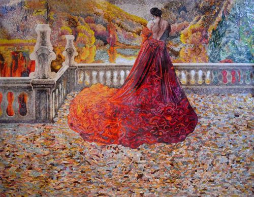 Female figure colorful mosaic autumn leaves for sale