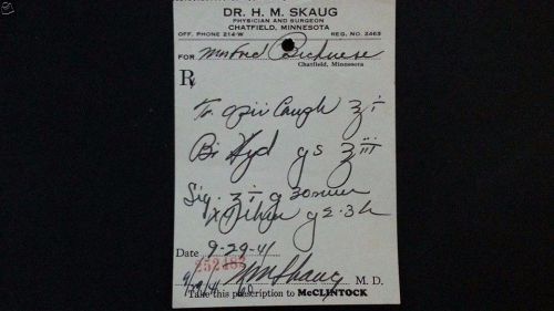 1941 Vintage Narcotic Perscription Rx OPIUM Chatsfield Minnesota Dr Skaug Surg