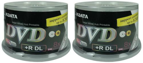 TWO RIDATA 8X White Inkjet 8.5GB Double Layer DVD+R DL 50 Packs 100 DISCS