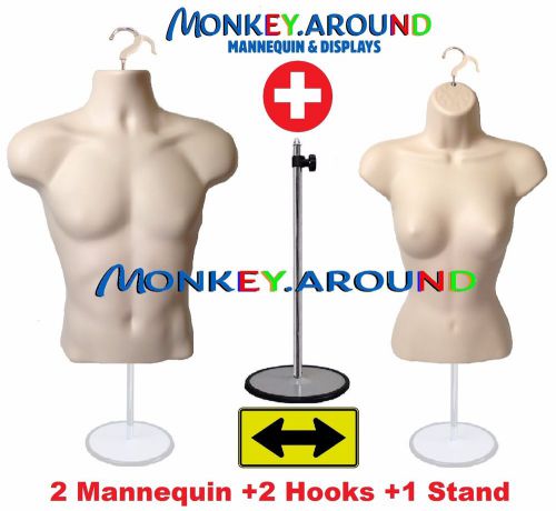 2 mannequin 1 stand 2 hanger male female flesh dress torso form display clothing for sale