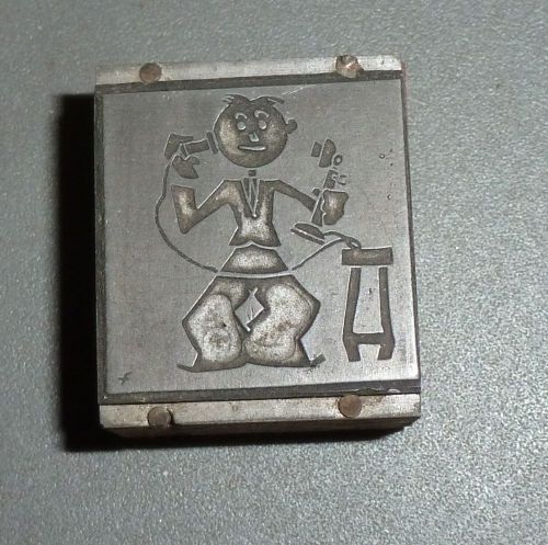 Vintage Printing Press Ink Stamp Block metal wood cartoon man with telephone