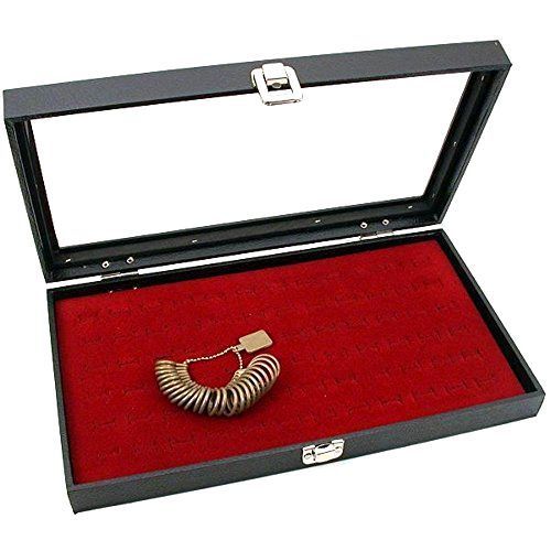 Ring jewelry display storage box glass top latch lid/72 red foam tray insert for sale