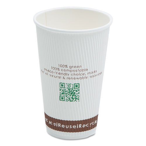 &#034;Compostable Insulated Ripple-Grip Hot Cups, 16oz, White, 50/pack&#034;