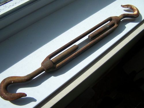 Vintage Metal Cast Iron hook &amp; hook turnbuckle tension rode 17&#034; lenght max