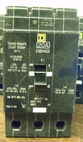 SQUARE D 20 AMP CIRCUIT BREAKER 3 POLE 480 V EGB34020