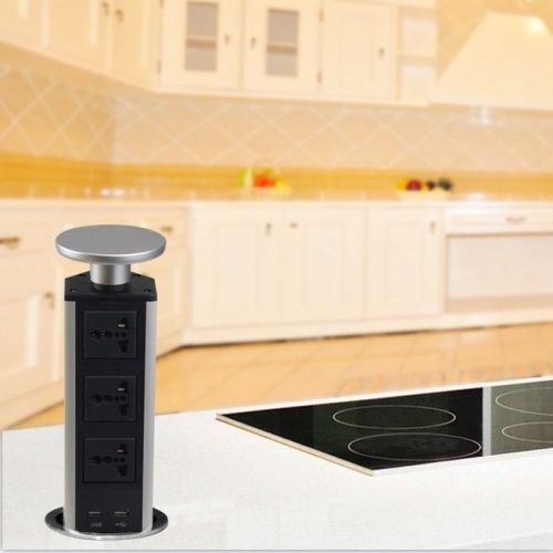 Universal Plug Kitchen Office Worktop Pop Up Outlet Power Pod 3 Sockets &amp; 2 USB