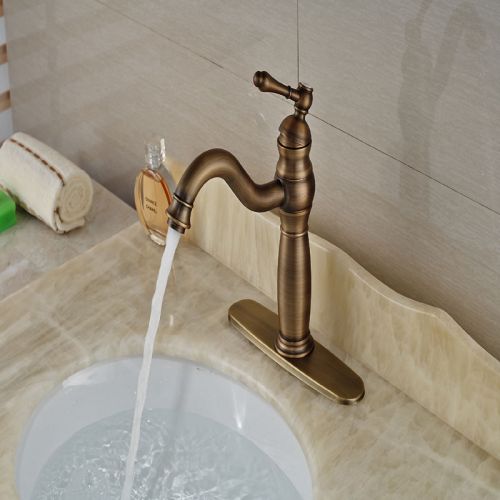 Antique Brass Bathroom Sink Vessel Faucet w/ Deck Plate Basin Mixer Faucet Tap
