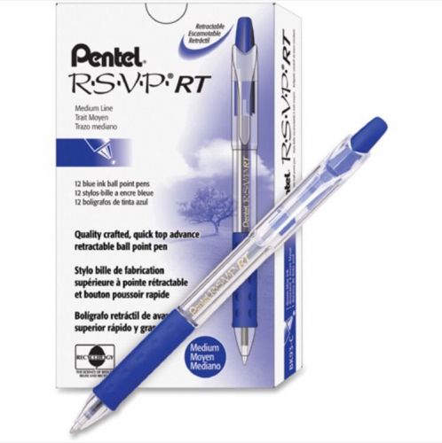 PENTEL R.S.V.P. RT Retractable Pen, 1.0mm Tip, Blue Ink, Box of 12 BK93-C NEW