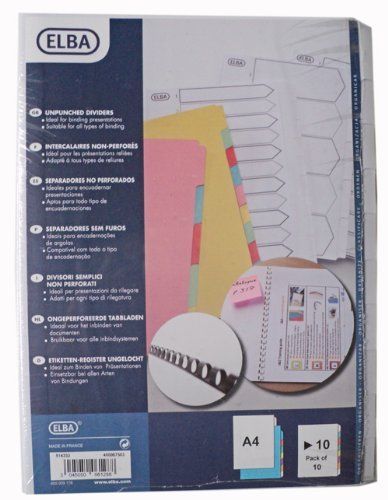 10 Pack Set of Elba Card A4 10-Part Plastic Unpunched File Dividers - White