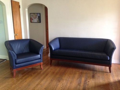 HBF &#039;Esplanade&#039; Sofa &amp; Chair, Dark Blue Leather, Office or Lounge