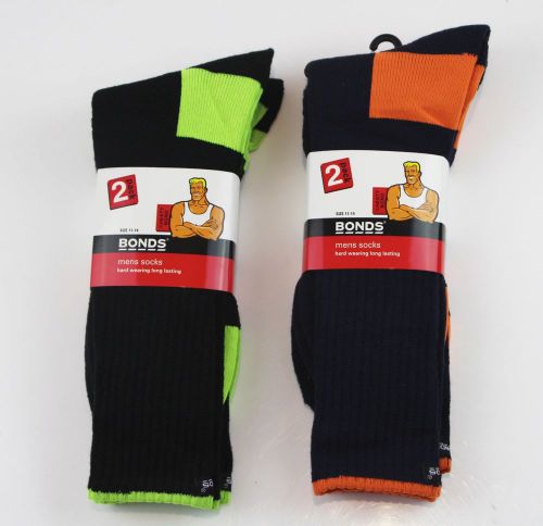 BONDS 2 PACK HARD WEARING FLURO YELLOW LIME ORANGE WORK SOCKS SHOE SIZE 11-14