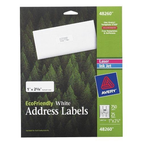 Avery ecofriendly white address labels, 1 x 2.5.625 inches, 750 labels (48260) for sale