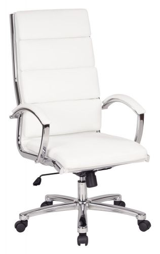 High Back Executive White Faux Leather Chair with Polished Aluminum Finish and P