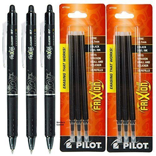 Pilot Frixion Clicker Retractable Erasable Black Gel Ink Pens, 3 Pens with 2