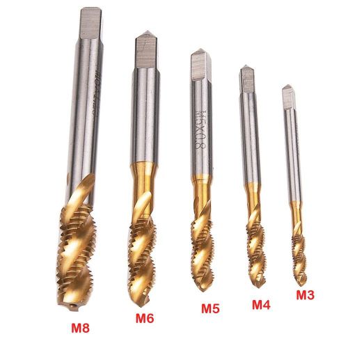 Inhdbox 5 pcs m3 m4 m5 m6 m8 titanium coated hss spiral flute metric taps set for sale