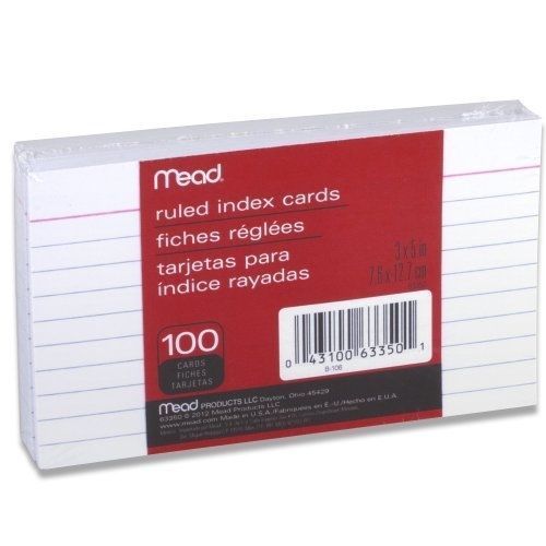 Mead Ruled Standard Index Cards, 3 in. x 5 in., White, Pack of 100