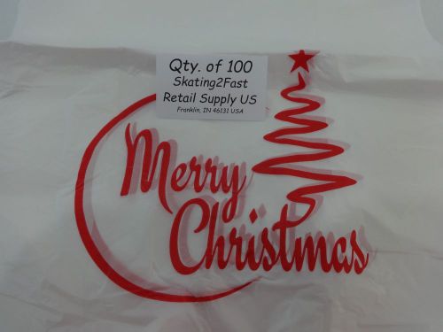 100 qty. merry christmas plastic t-shirt shopping bags handles 11.25&#034; x 6&#034; x 21&#034; for sale