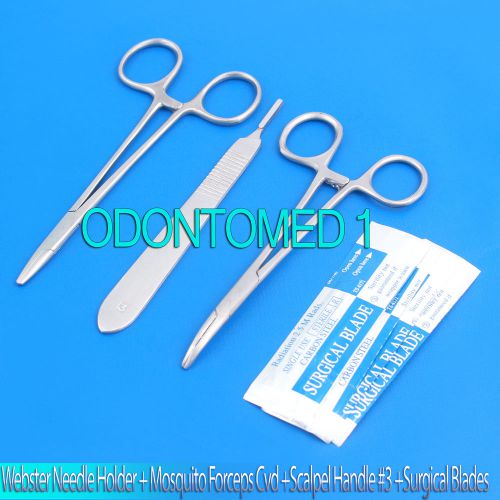 WEBSTER NEEDLE HOLDER 5&#034;+MOSQUITO FORCEPS CRV 5&#034;+SCALPEL HANDLE #3+5 BLADES #12