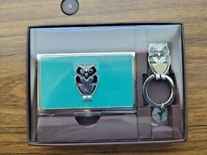 Papyrus Owl Bird Keychain &amp; Business Card Holder Set Office Silver Teal